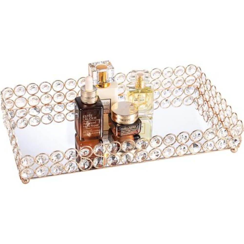 Large Crystal Rectangle Mirrored Tray Cosmetic Vanity Tray Organizer Tray